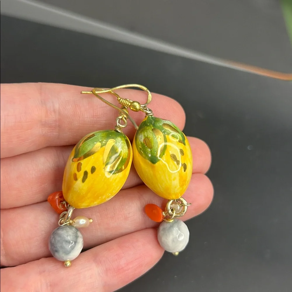 Hand-Painted Sicilian Lemon Ceramic Dangle Earrings